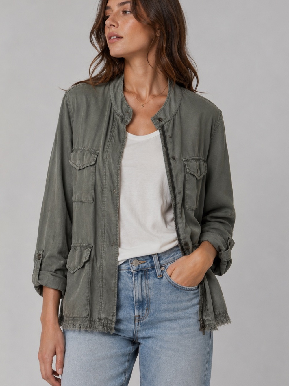 Sanctuary Utility Jacket M Army Green Frayed Hem Lyocell Military Lightweight